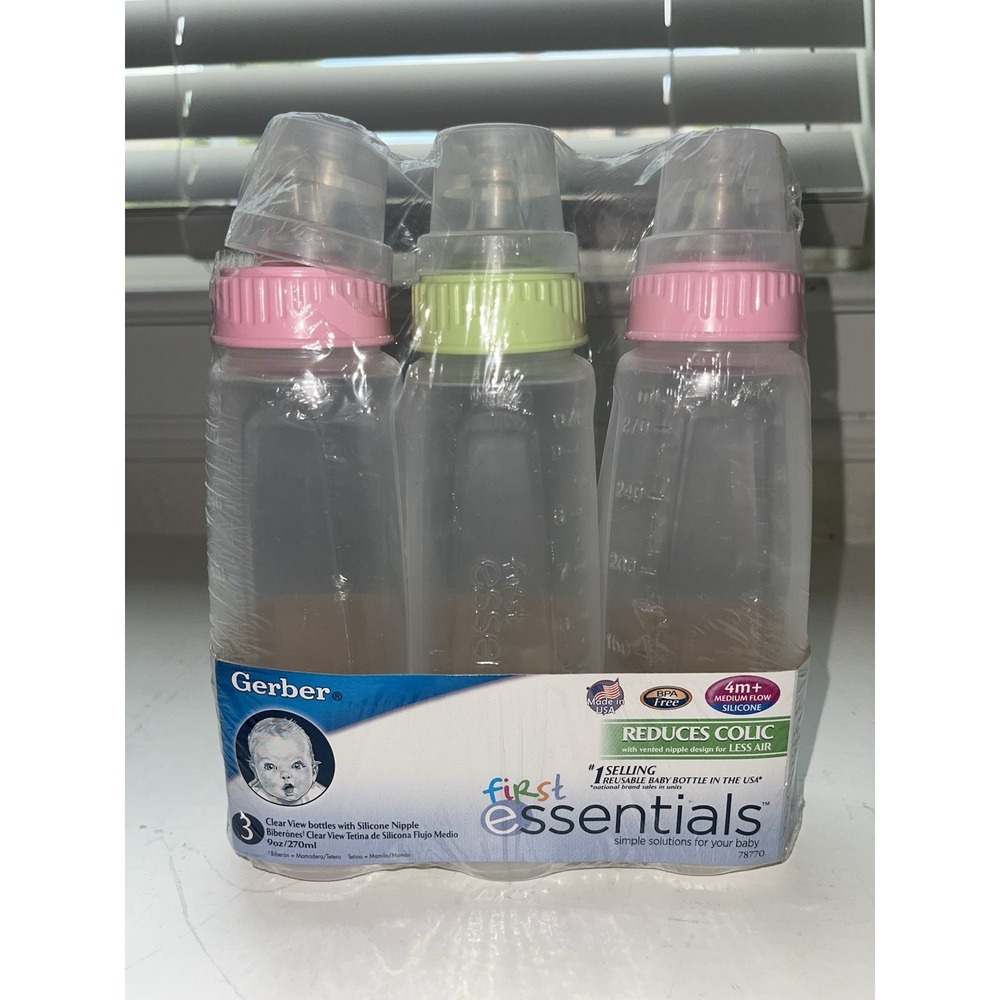GERBER‎ 2010 FIRST ESSENTIALS 3 PACK BOTTLES 9oz REDUCE COLIC SILICONE NIPPLE